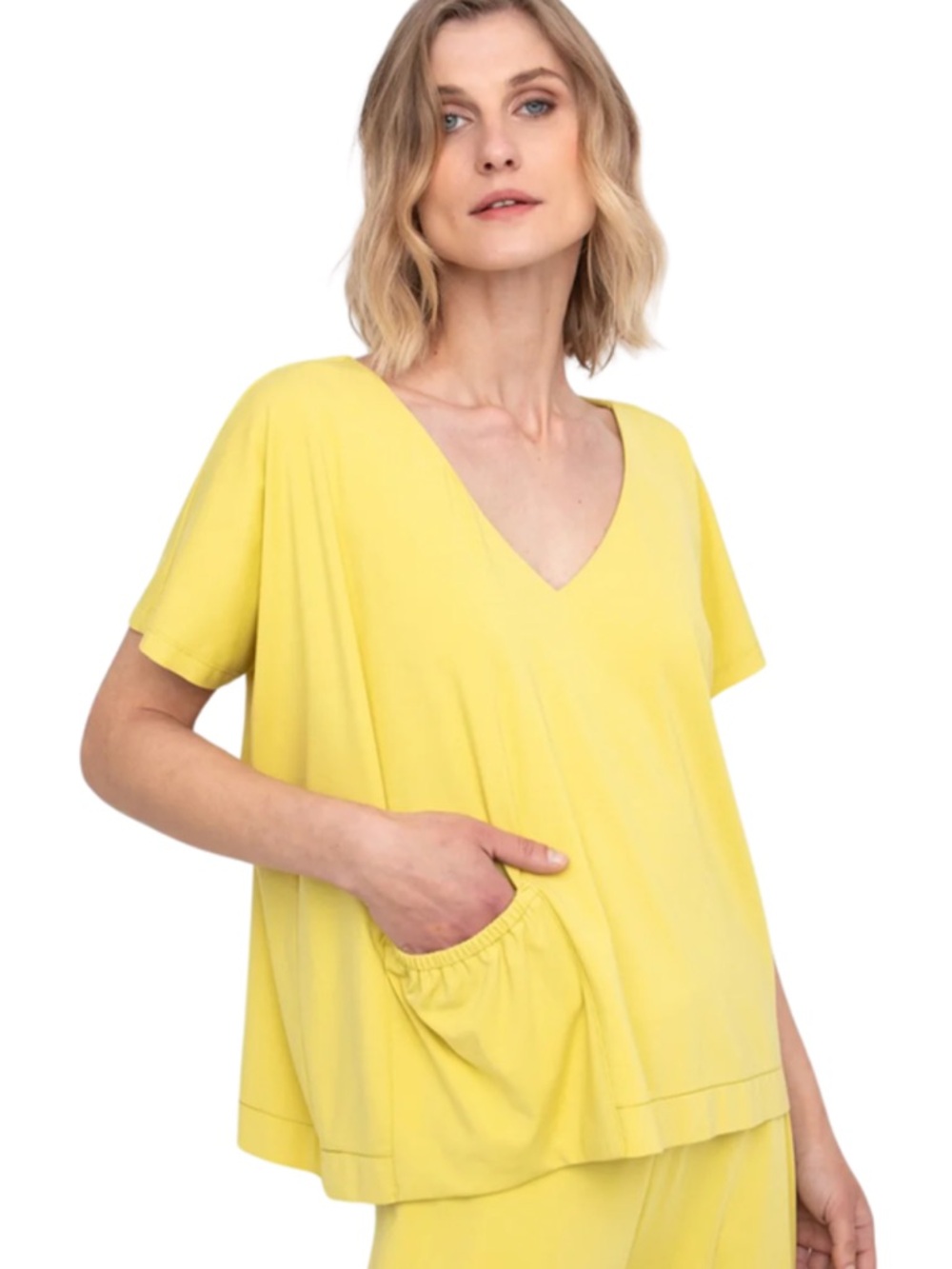 Ozai N Ku Yellow V-Neck Pocket Tunic Top Medium NWT Flaw